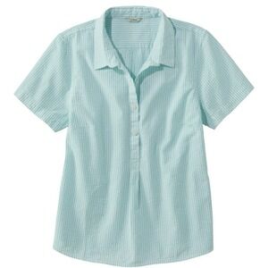 LL Bean Vacationland Seersucker Aqua White Striped Popover Shirt Size LARGE